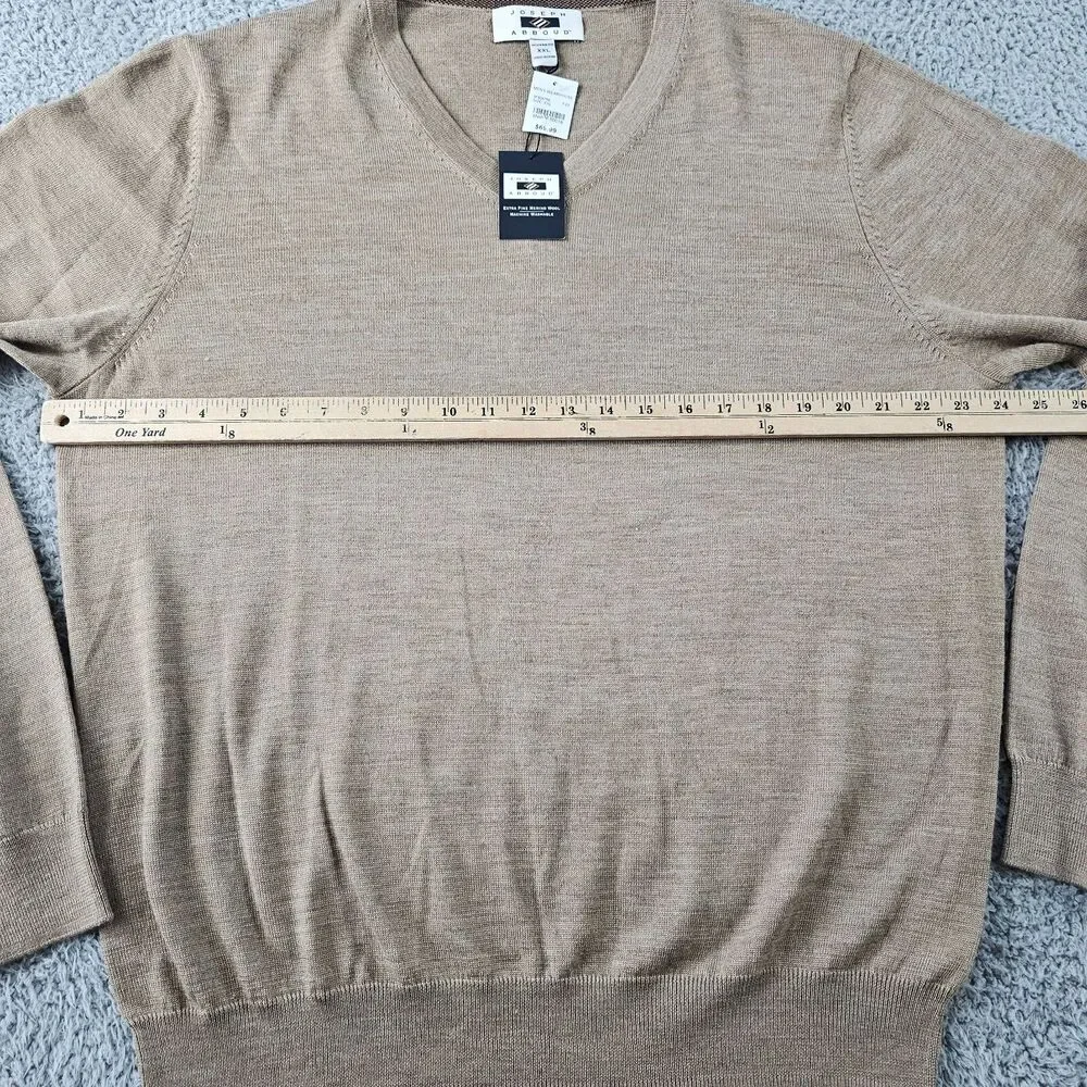 Joseph Abboud Sweater Mens XXL Tan Merino Wool Modern Fit V Neck Pullover Casual